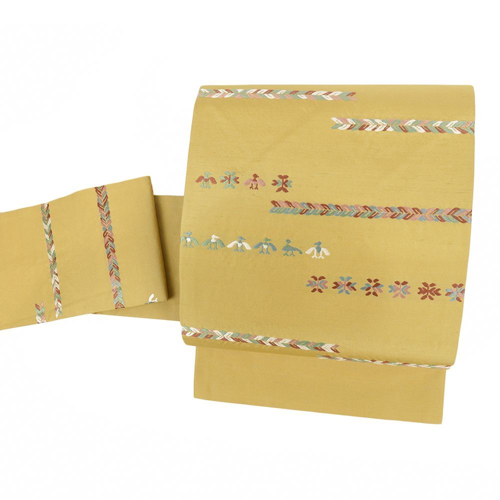 名古屋帯 川島織物 正絹 からし色 鳥 花 カジュアル 仕立て上がり 九寸 No.i6-2404