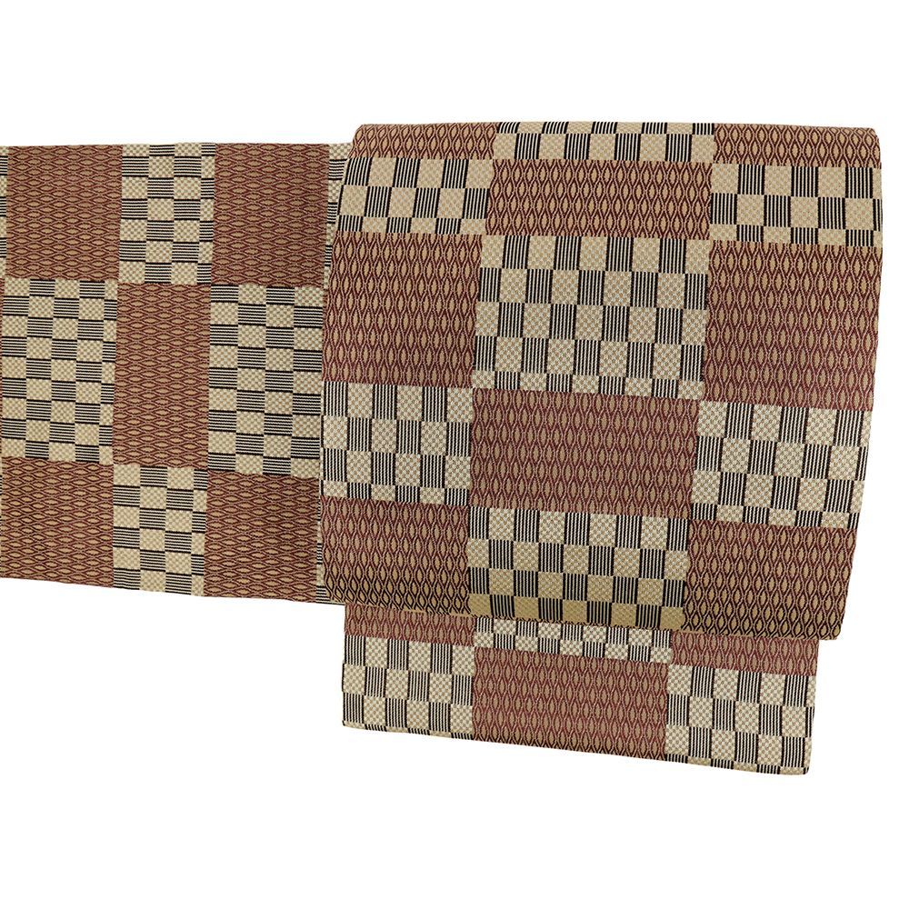 名古屋帯 川島織物 正絹 茶 市松 カジュアル 仕立て上がり 開き名古屋帯 No.i6-2403