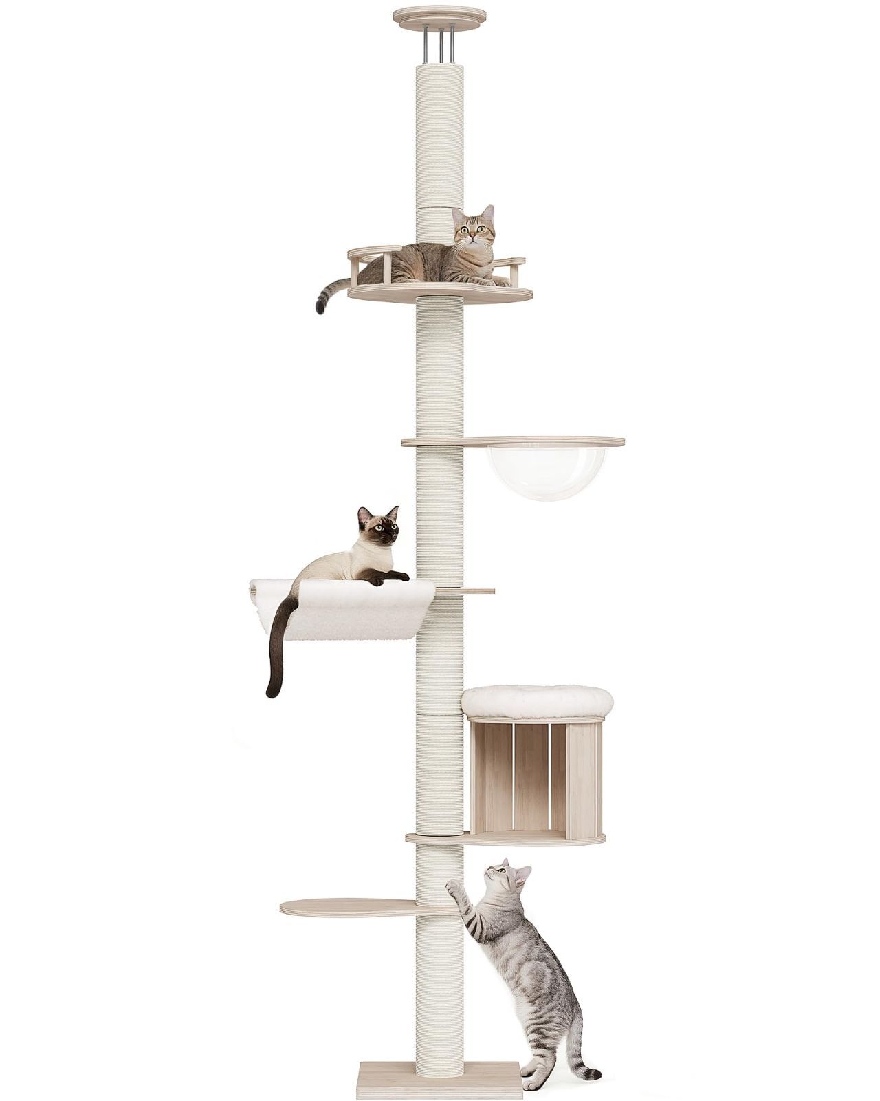 OROPY キャットタワー 突っ張り 木製 スリム 宇宙船ハンモック付き 多頭飼い 猫タワー 省スペース 運動不足解消 隠れ家 爪とぎポスト 全綿縄巻き キャットツリー 220-271 cm調整