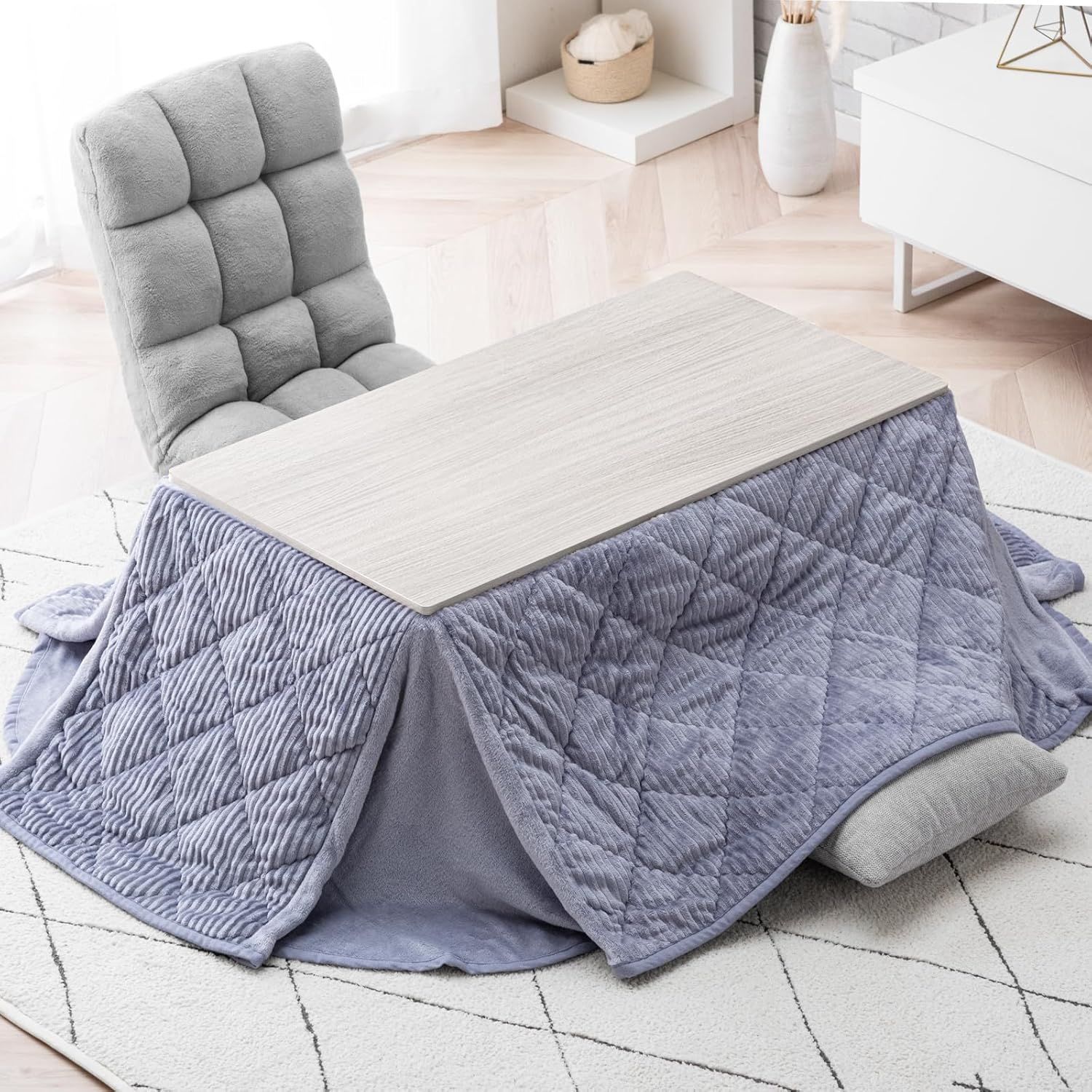タンスのゲン こたつ 2点セット こたつ本体 掛布団 89×49cm 長方形 木目 リバーシブル天板 コーデュロイ 掛布団 ラベンダーグレー テーブル ホワイト 21300015 85440