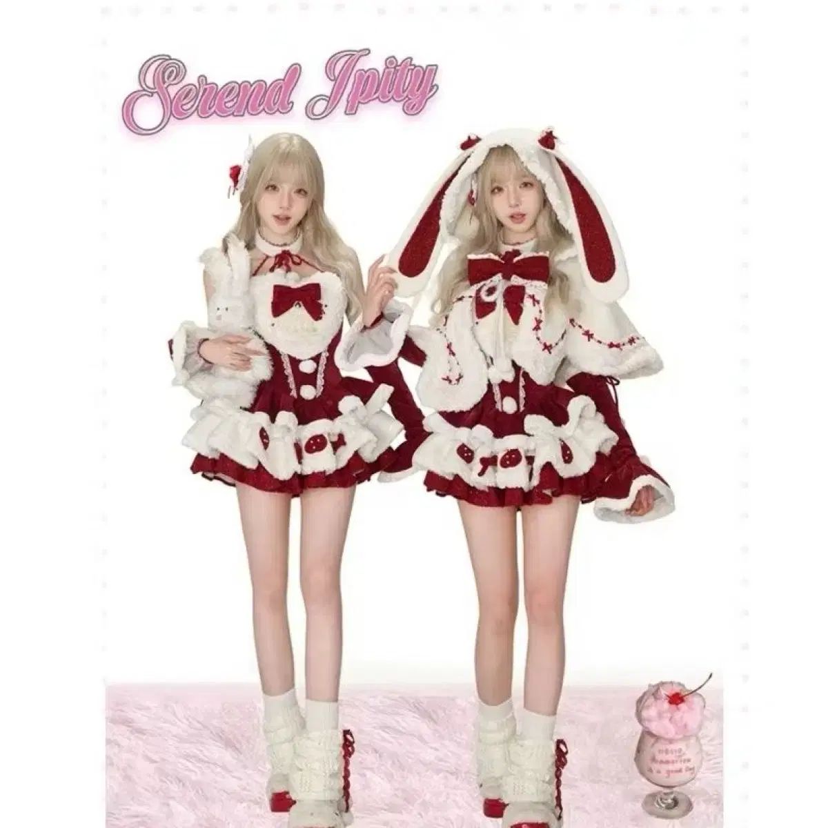 うさぎ 耳 フード ケープ コート 袖 レース リボン ジョガー ワンピース スリーピース