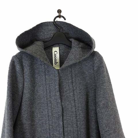 クーム Coomb コート アウター フード ウール 袖ファー ベルスリーブ L 42 杢 ダークグレー