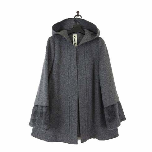 クーム Coomb コート アウター フード ウール 袖ファー ベルスリーブ L 42 杢 ダークグレー