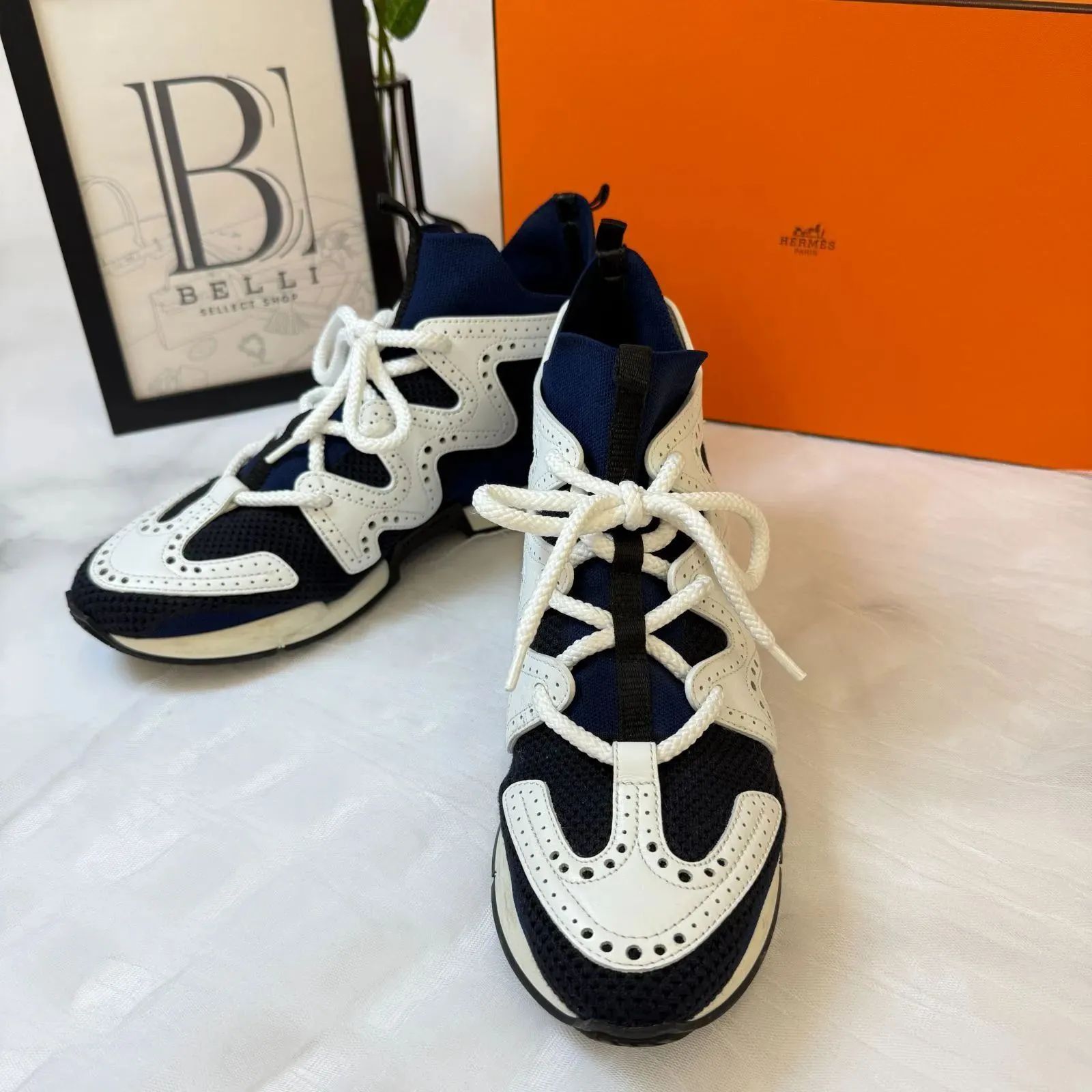 鑑定済み エルメス アクション 37.5 24㎝程度 ホワイト ブラック ネイビー ニット レザー 靴 シューズ スニーカー