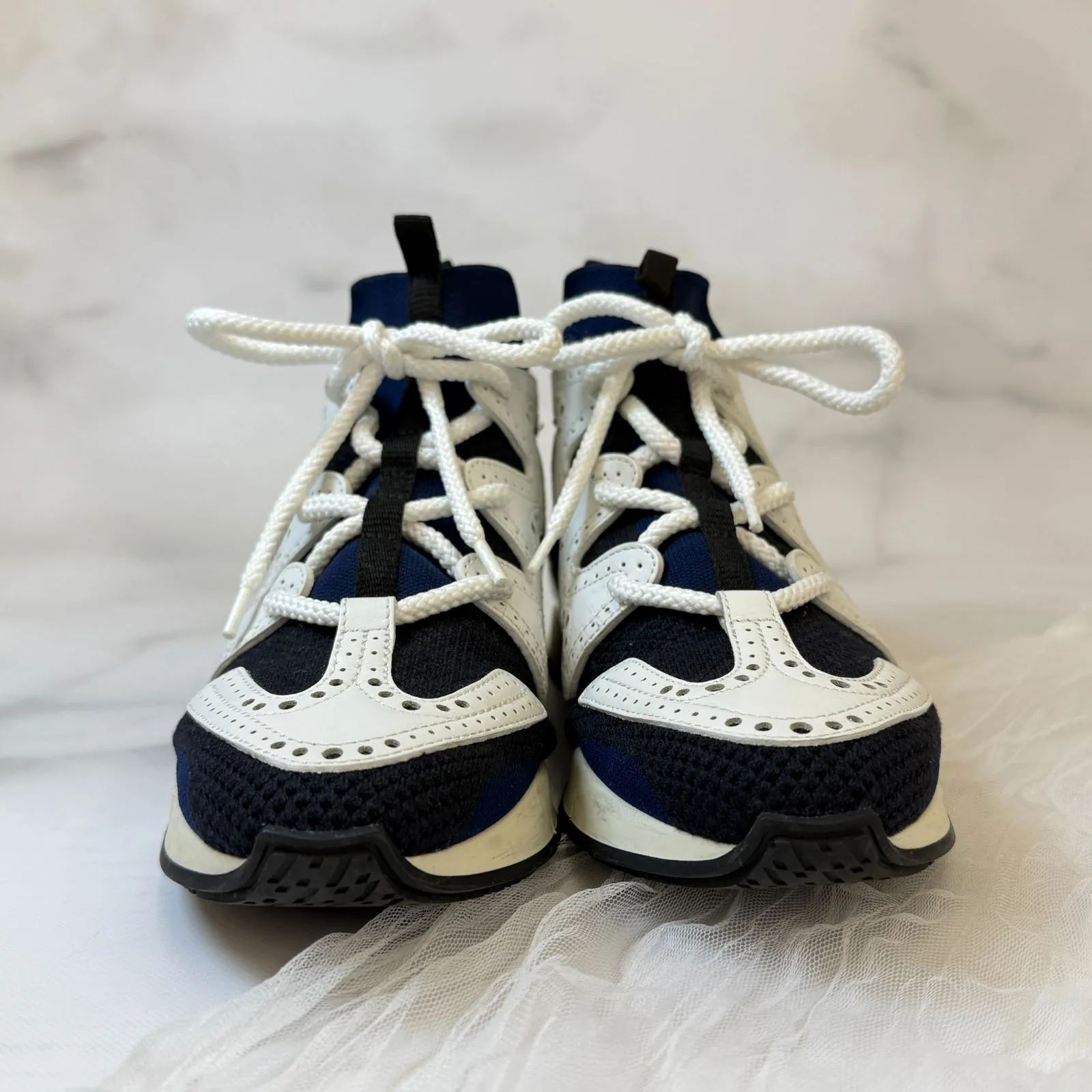 鑑定済み エルメス アクション 37.5 24㎝程度 ホワイト ブラック ネイビー ニット レザー 靴 シューズ スニーカー