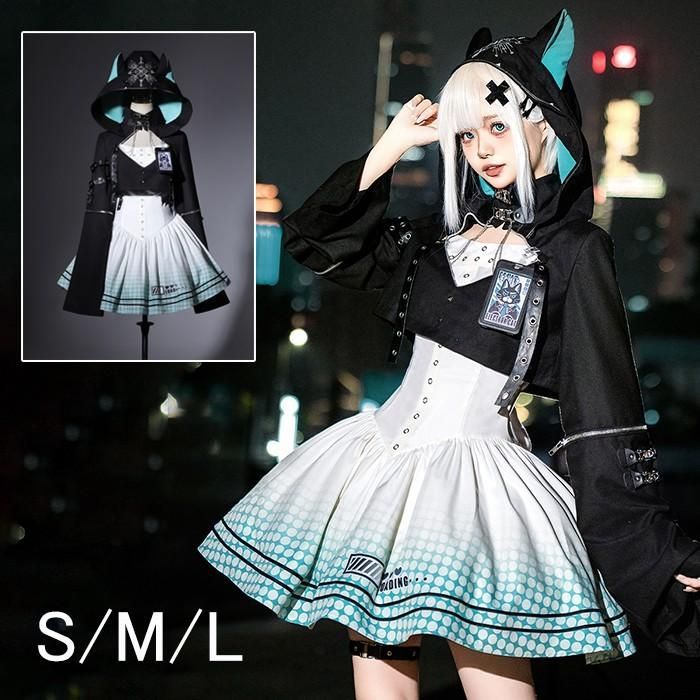 ロリータワンピース レディース ロリータ ドレス セット ハロウィン コスチューム コート フード付き 短め 小柄 ケモノ パンク 日常 黒 ゴスロリ