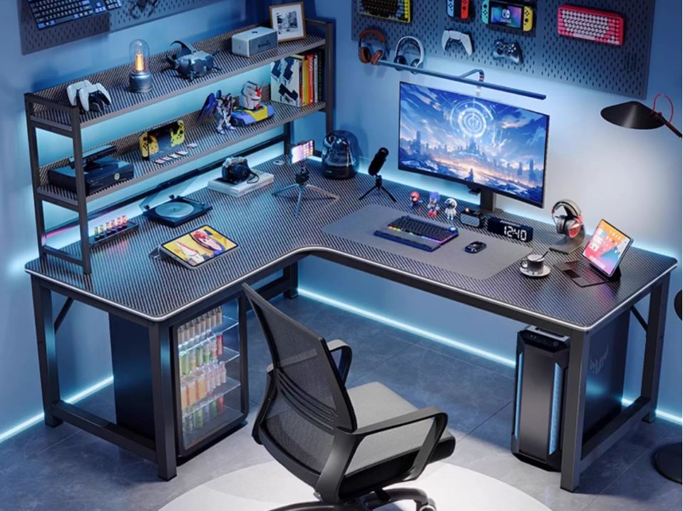 コーナーゲーミングデスク コンピューターデスク 家庭用コーナーブックテーブル 本棚 寝室のL字型学習デスク オフィスデスク