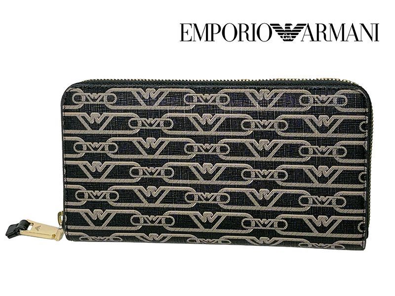 エンポリオ アルマーニ 財布 EMPORIO ARMANI EW000366 AF11951 FC033 ブラック地 ベージュ系 イーグル絵柄 ラウンドジッパー ロング ウォレット 長財布