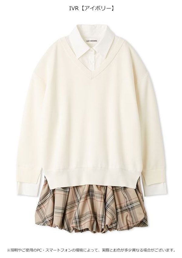 10 OFF リリー ブラウン LILY BROWN ワンピース 25秋冬 ニットドッキングバルーンワンピース 長袖 ミニ丈 シャツワンピ プルオーバー lwno255024