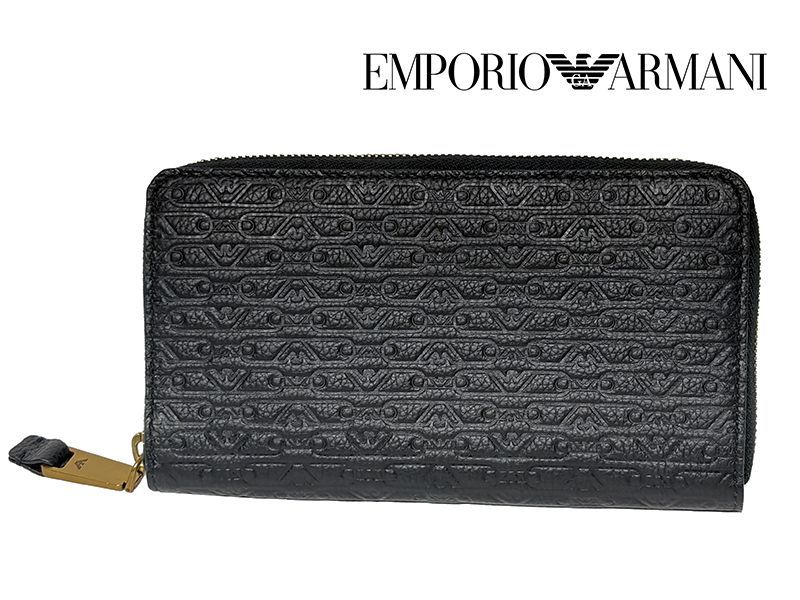エンポリオ アルマーニ 財布 EMPORIO ARMANI Y3H168 YZA9D 80001 BLACK 型押し イーグル絵柄 ブラックレザー ラウンドジッパー ロング ウォレット 長財布