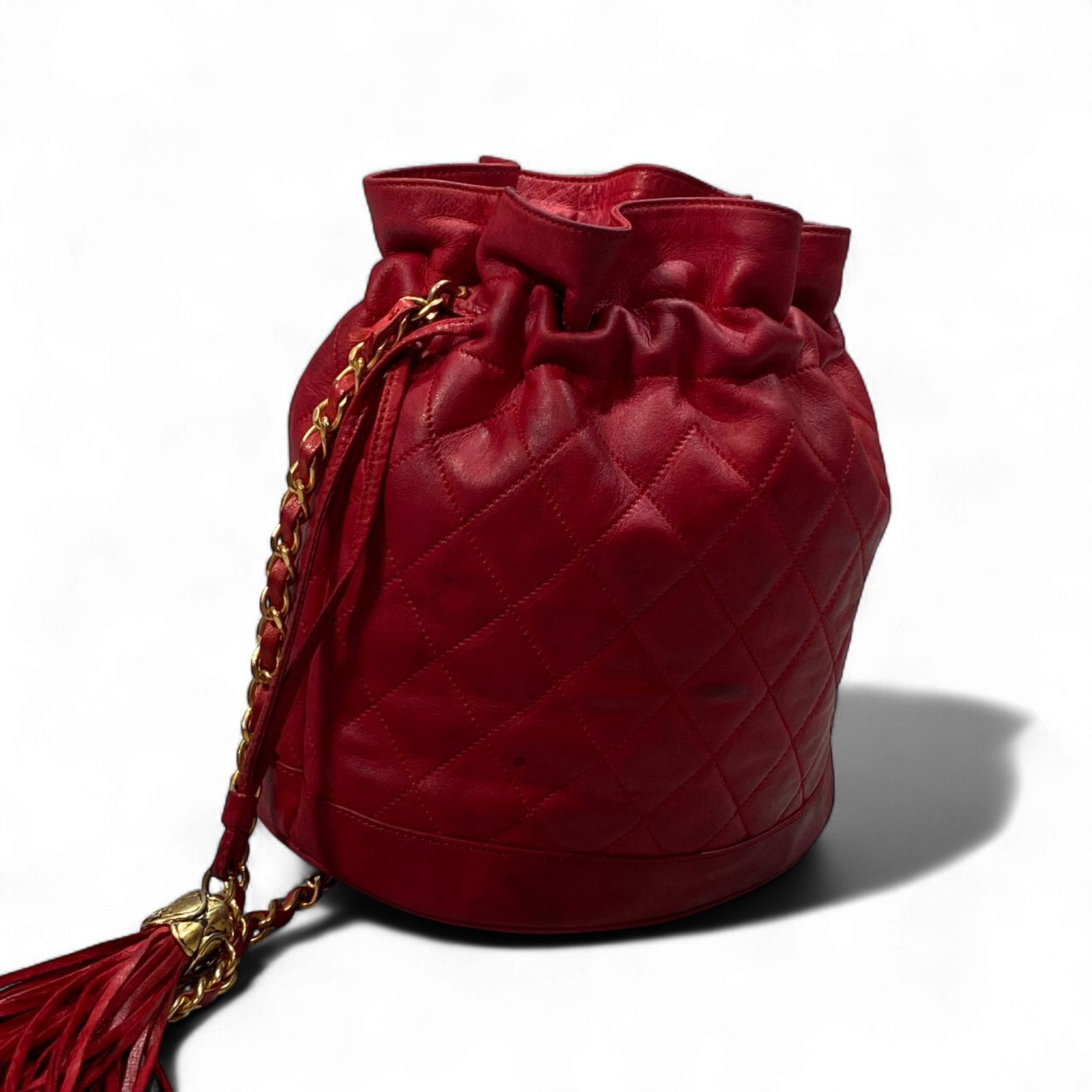 CHANEL シャネル ヴィンテージ マトラッセ チェーンショルダーバッグ 巾着バッグ 肩掛け ラムスキン タッセル フリンジ キルティング ココマーク KT80-G-KG