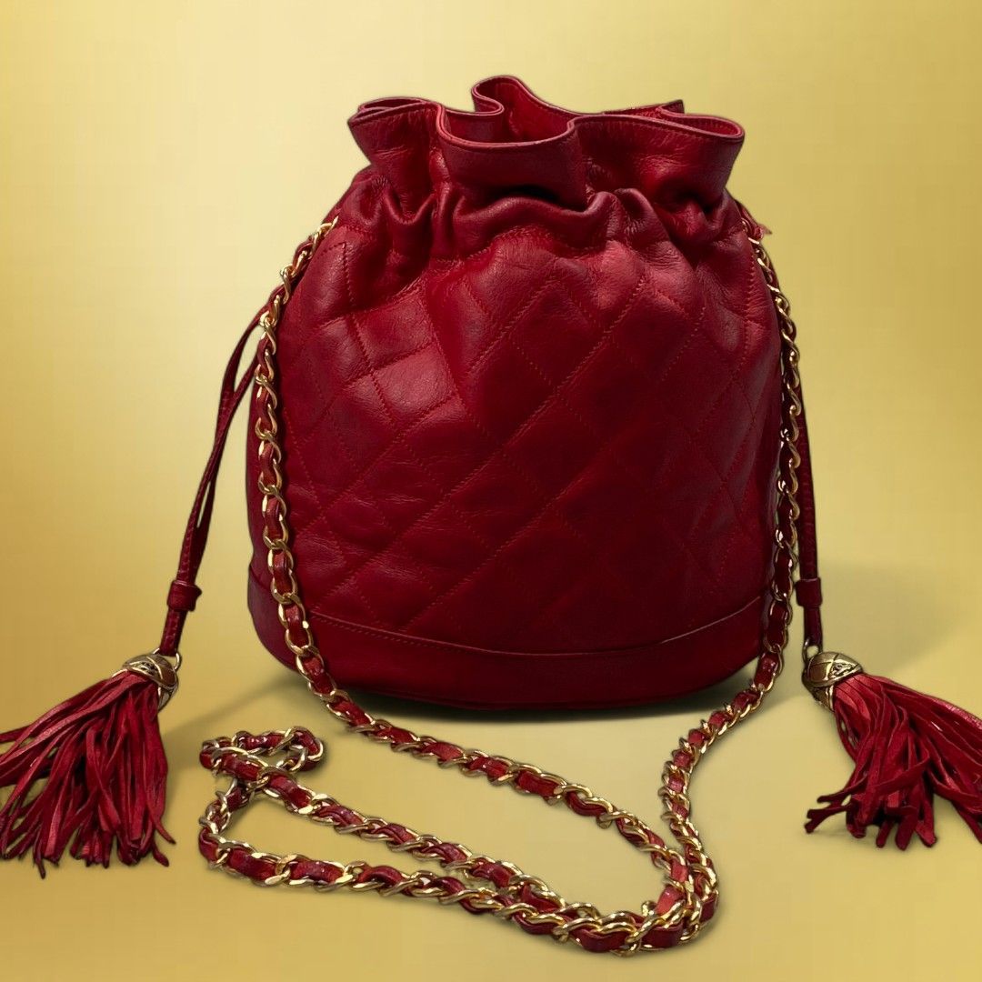 CHANEL シャネル ヴィンテージ マトラッセ チェーンショルダーバッグ 巾着バッグ 肩掛け ラムスキン タッセル フリンジ キルティング ココマーク KT 80 G KG