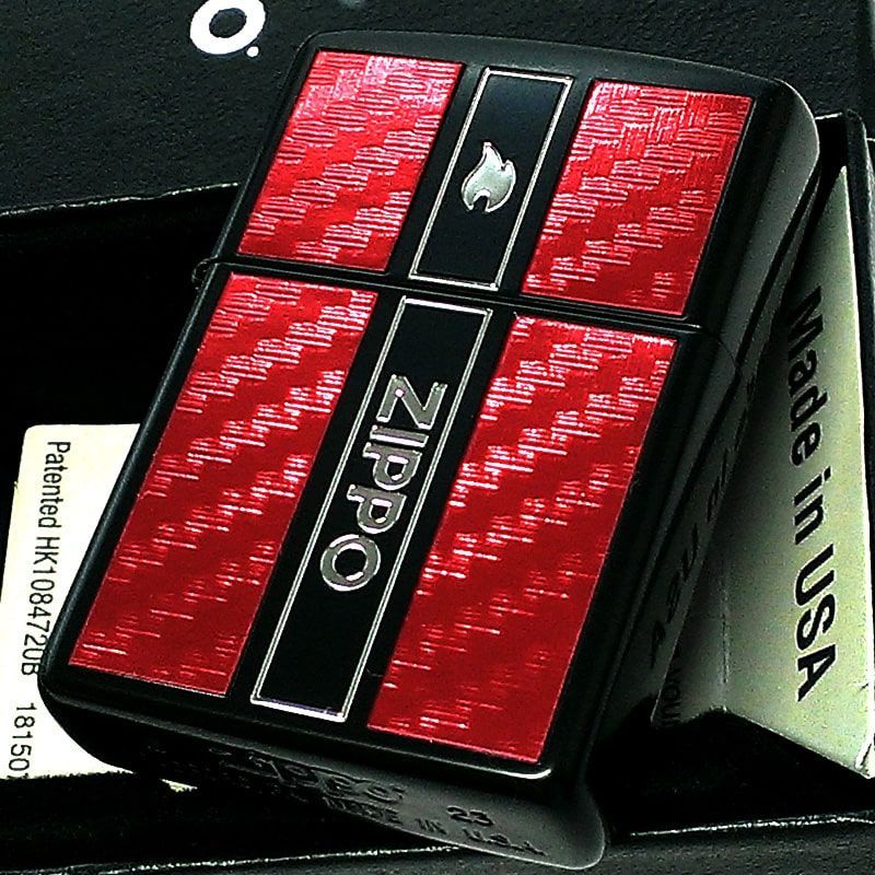 ZIPPO ライター レッドカーボン ロゴ フレーム 銀差し 珍しい ジッポー 彫刻 炎 マットブラック 銀 かっこいい 赤 お洒落 黒 メンズ
