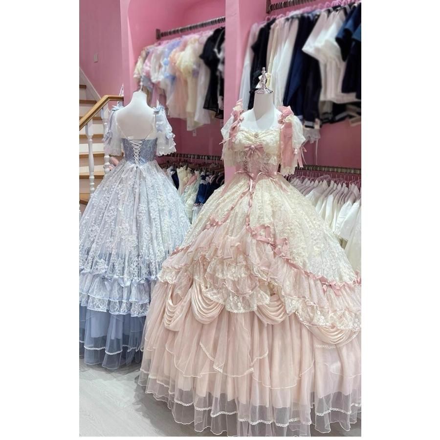 ロリータ ドレス ワンピース レディース プリンセス風 豪華 レース フリル リボン 姫系 ロングドレス 舞台衣装 演奏会 発表会 結婚式 披露宴