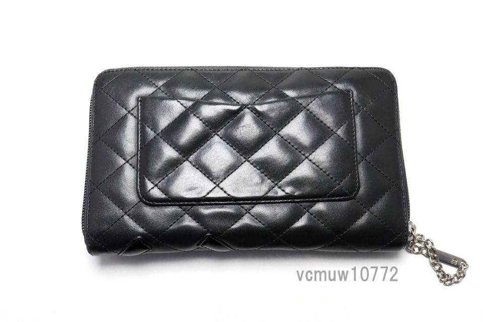 美 CHANEL 10番台 カンボンライン SV金具 レザー ラウンドファスナー 長財布 シャネル 1023uz5729569