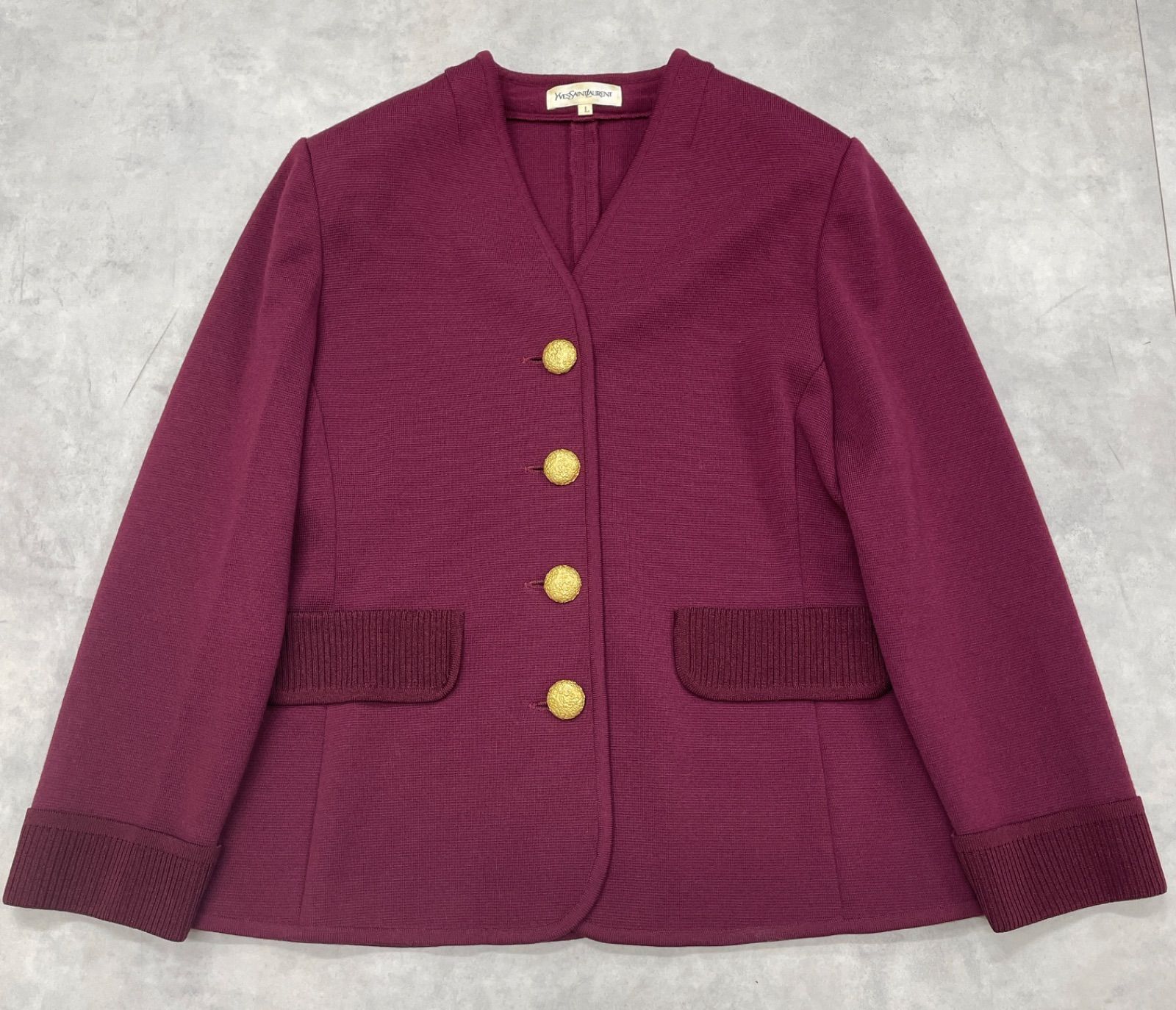 YVES SAINT LAURENT イヴサンローラン ノー ジャケット カーディガン ミラノリブニット 金ボタン ウール ボルドー レディース L