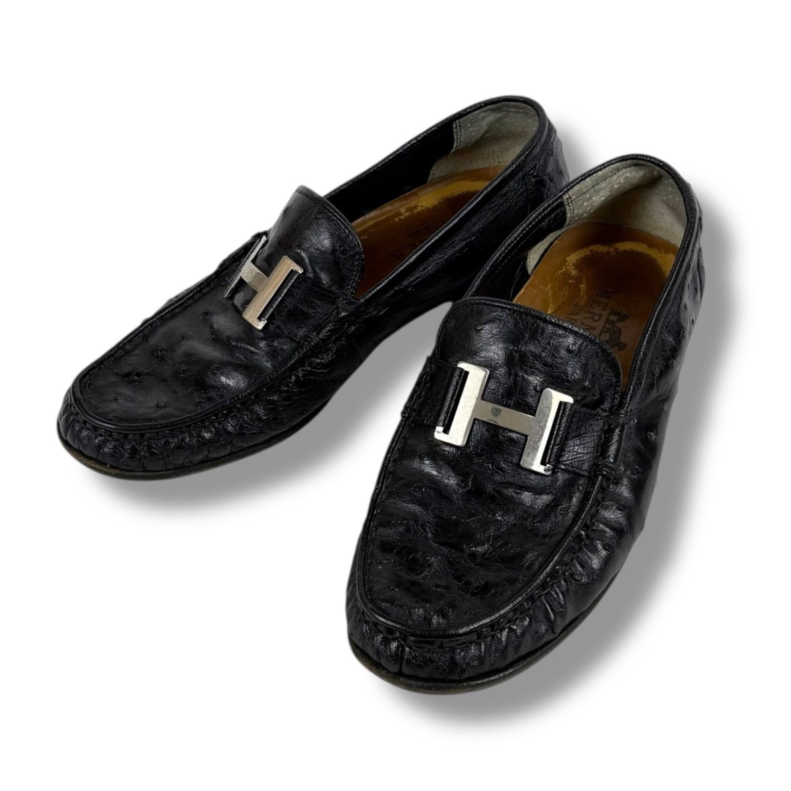 HERMES ブラック モカシン ローファーレザーシルバー