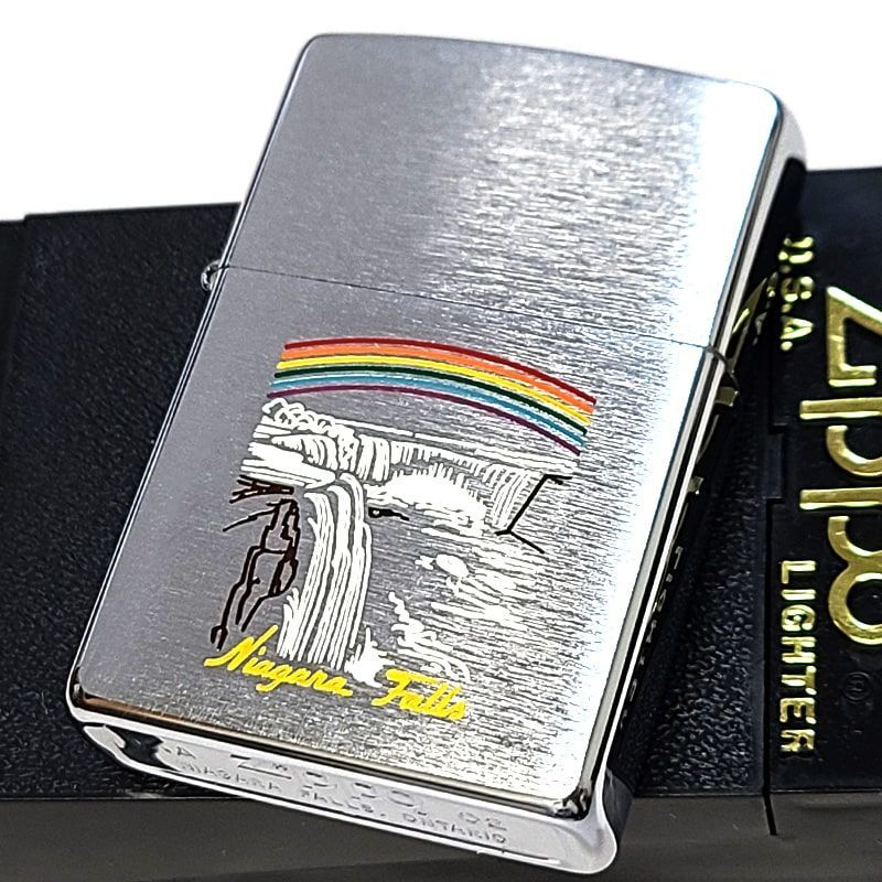 ZIPPO ライター 2002年製 カナダ製 廃盤 ジッポ ナイアガラ フォールズ 虹 オンタリオ製 滝 絶版 レインボー ビンテージ 珍しい ヴィンテージ シルバーサテン おしゃれ メンズ ギフト プレゼント