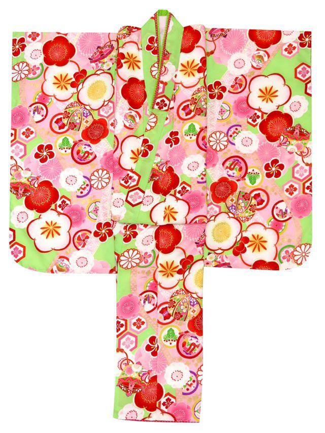 七五三 着物 7歳 女の子 式部浪漫 ブランド 総柄 小紋柄 の着物 合繊 黄緑 梅 SR7pk-1906