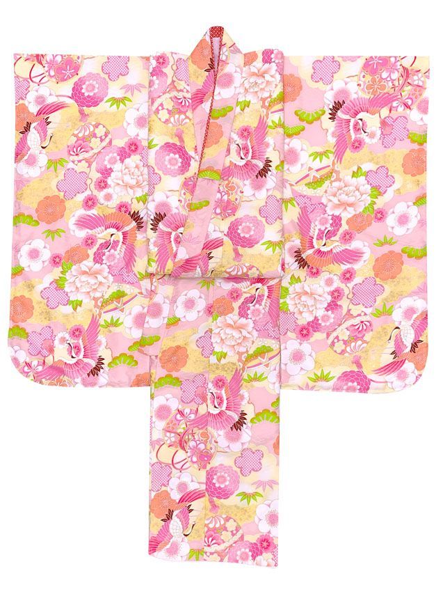 七五三 着物 7歳 女の子 式部浪漫 ブランド 総柄 小紋柄 の着物 合繊 ピンク 鶴と鞠 雲 SR7pk-2108tan