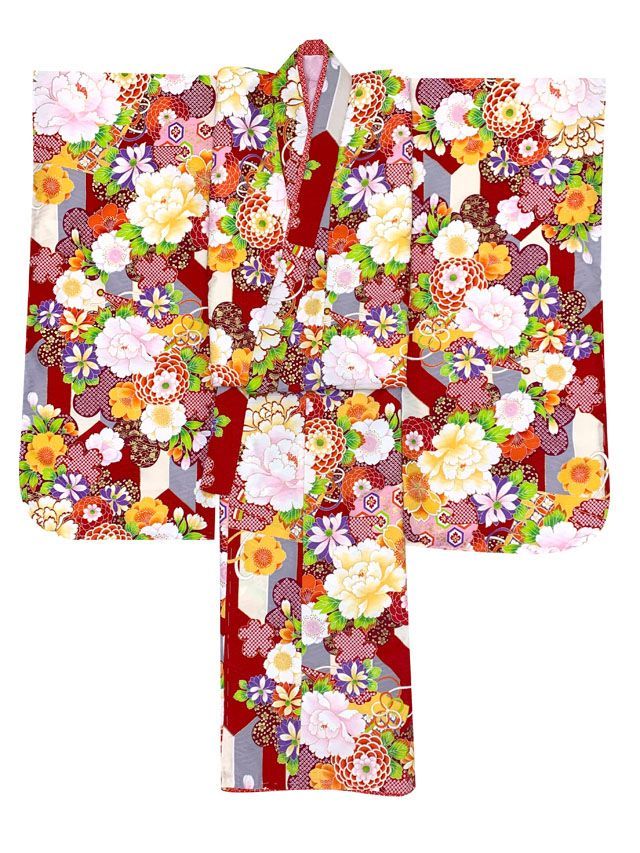 七五三 着物 7歳 女の子 式部浪漫 ブランド 総柄 小紋柄 の着物 合繊 赤ｘグレー 菊と矢羽 SR7pk-2107tan