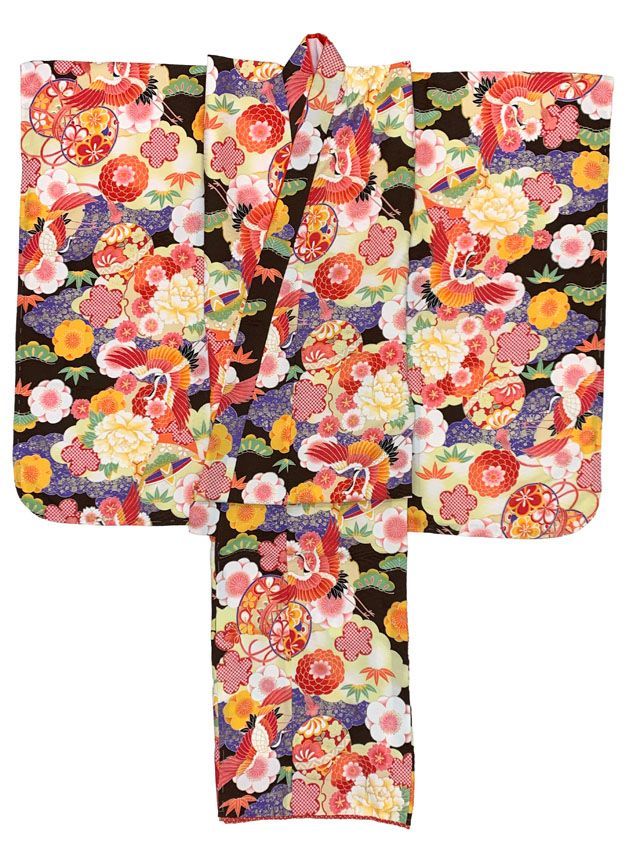 七五三 着物 7歳 女の子 式部浪漫 ブランド 総柄 小紋柄 の着物 合繊 焦げ茶 鶴と鞠 雲 SRpk-2199tan