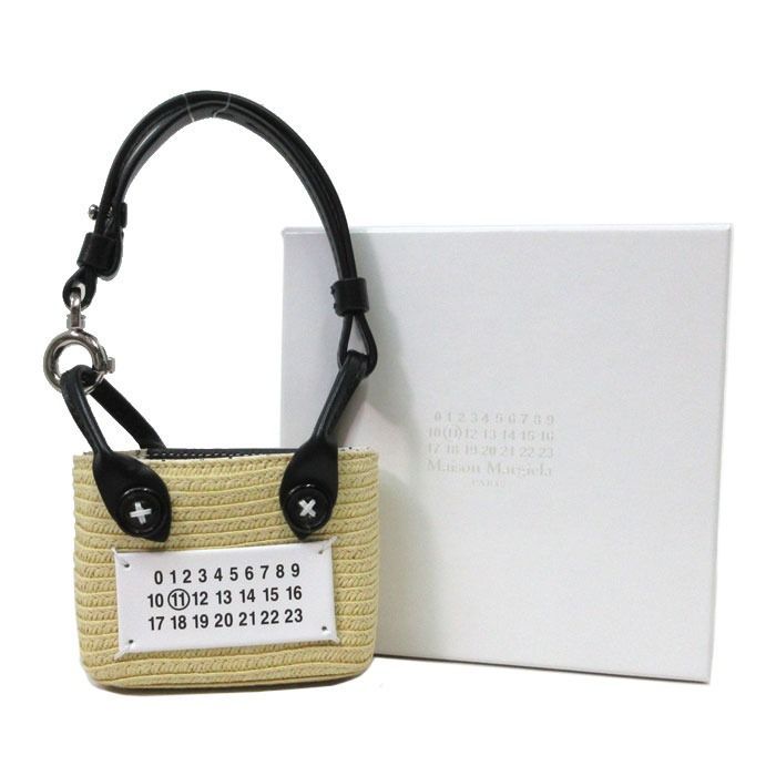 メゾン マルジェラ ポーチ Maison Margiela マイクロ ペーパトート ストラップ付 ミニ カゴバッグ ミニポーチ 小物入れ SA1VL0006 P5391 H9678 ナチュラル系×ブラック レディース DECORATOM_COM_BR