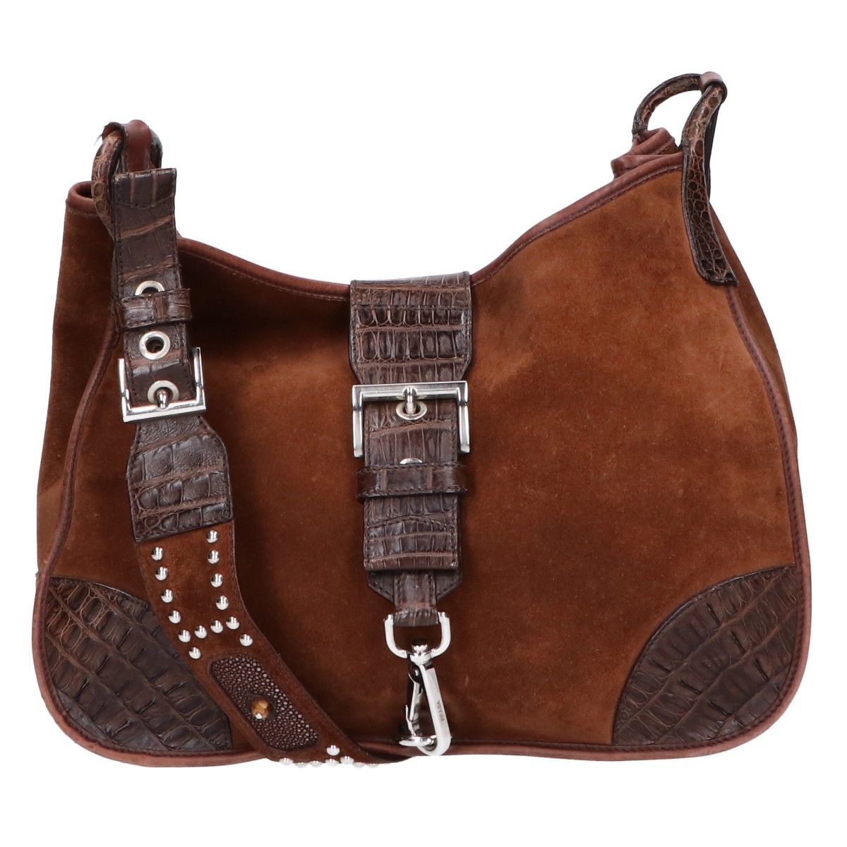 PRADA プラダ VA0539 トライアングルプレート カーフスエードxレザーxクロコxエイ タイガーアイ スタッズ