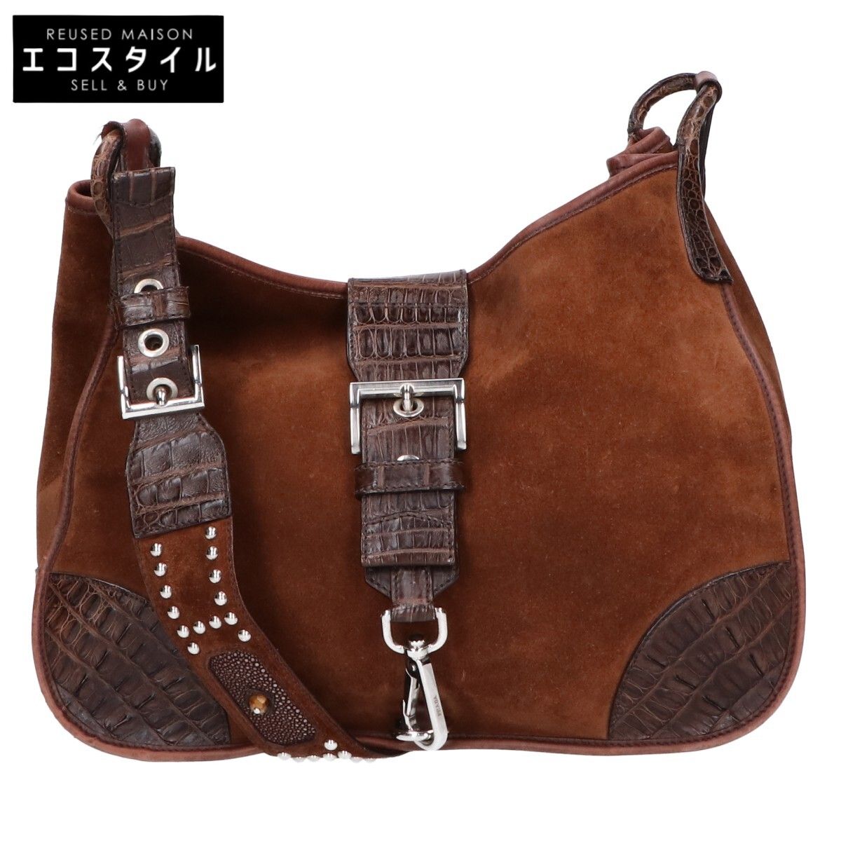 PRADA プラダ VA0539 トライアングルプレート カーフスエードxレザーxクロコxエイ タイガーアイ スタッズ