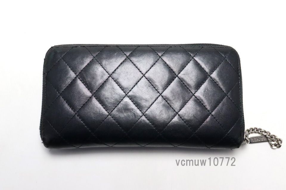 美 CHANEL 14番台 カンボンライン SV金具 レザー ラウンドファスナー 長財布 シャネル 1023cx5607362