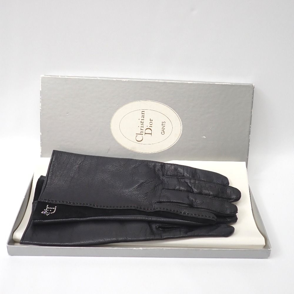 Ft6328124 クリスチャンディオール 手袋 サイドスエード ラインストーン 黒 レディース Christian Dior