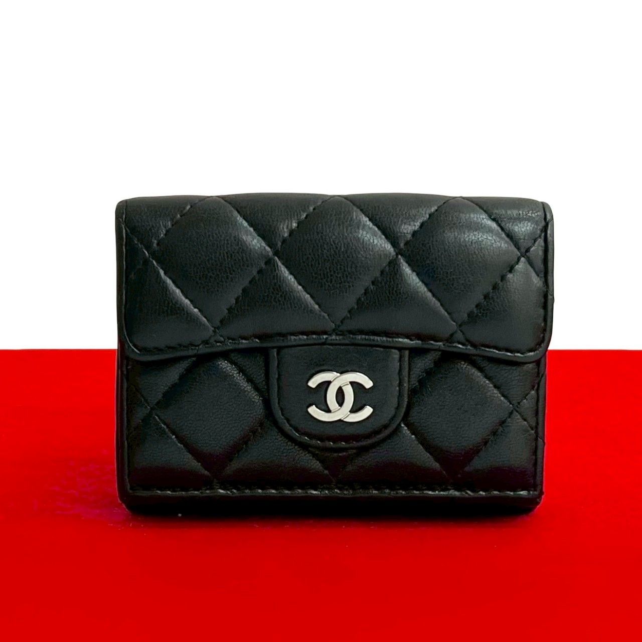 シール有 30番台 CHANEL シャネル マトラッセ ココマーク ラムスキン 本革 三つ折り 財布 ミニ ウォレット ブラック 40893