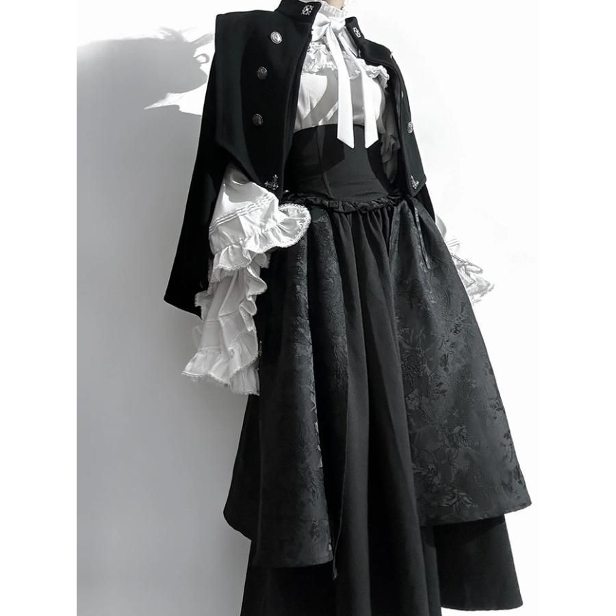 ロリータ コスチューム ハロウィン ブラウス スカート 上下セット レトロ風 リボン ゴスロリ 暗黒風 長袖 フリル コスプレ ブラック ホワイト ワインレッド WWW_TRAVELLANDINDIA_COM