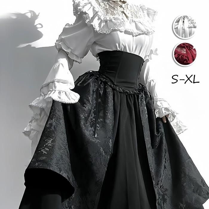 ロリータ コスチューム ハロウィン ブラウス スカート 上下セット レトロ風 リボン ゴスロリ 暗黒風 長袖 フリル コスプレ ブラック ホワイト ワインレッド