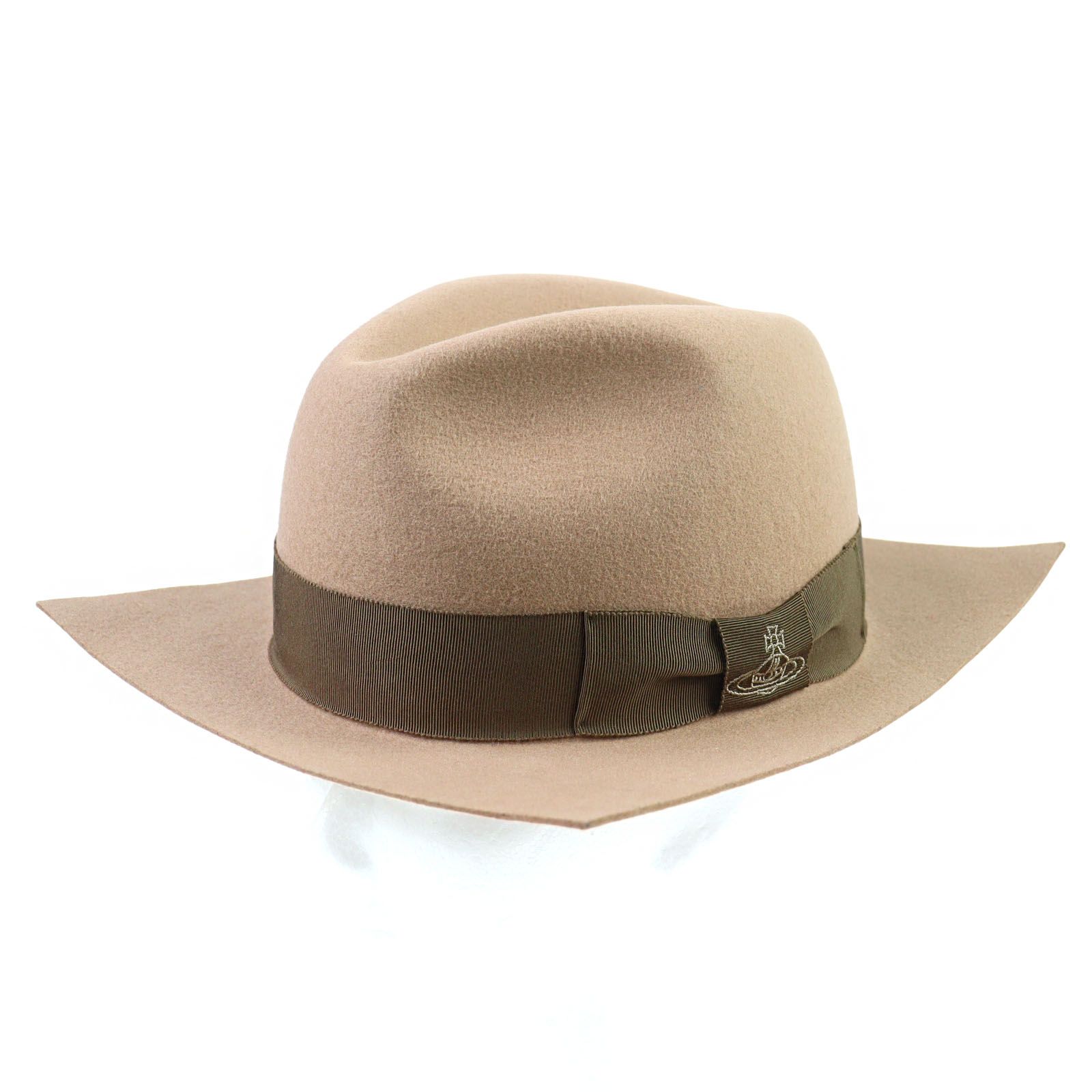 Vivienne Westwood ヴィヴィアンウエストウッド 219161 VH36 ウール オーブ刺繍 リボン付き フェルト スクエアブリム 中折れ帽 ハット ピンクベージュ F メンズ