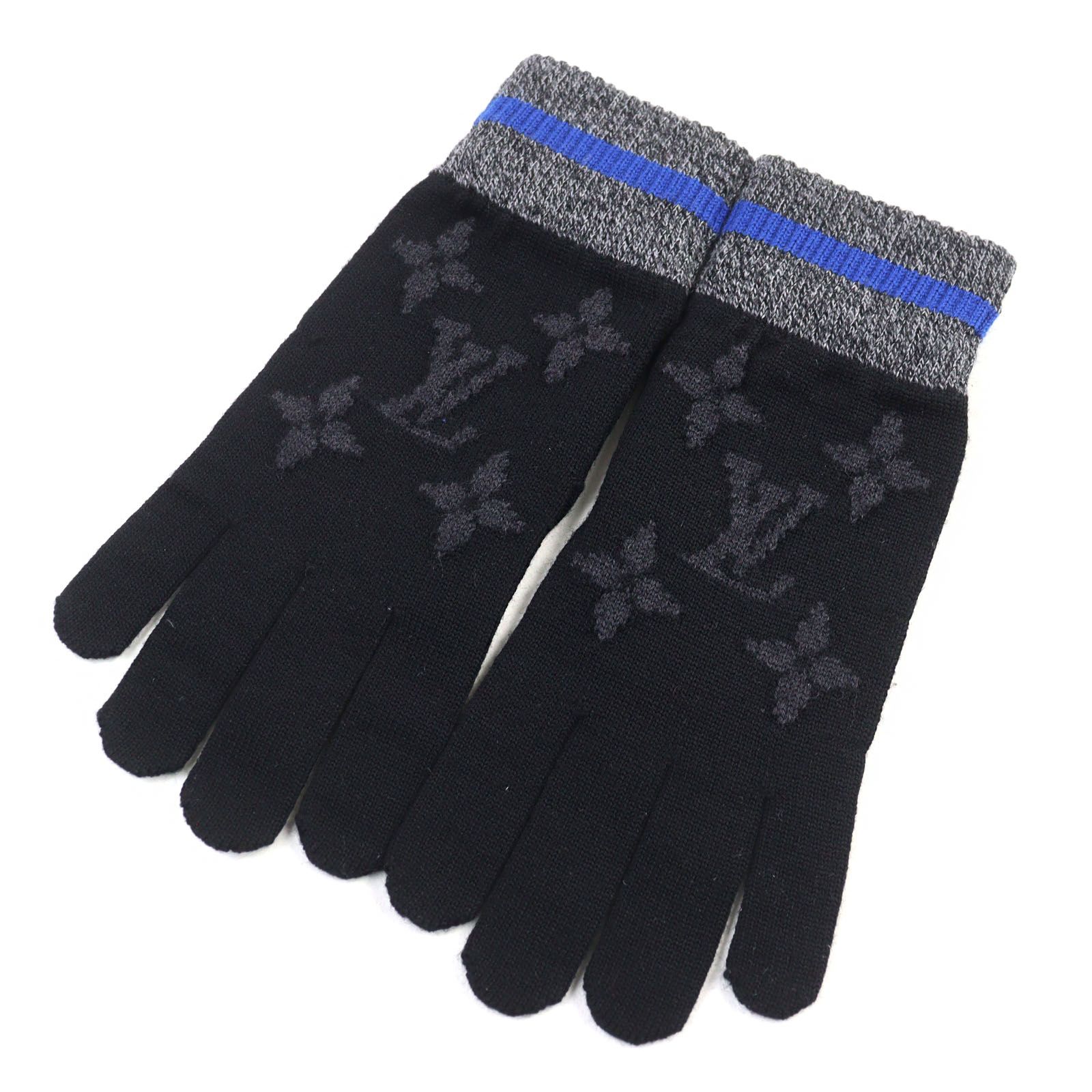 LOUIS VUITTON ルイヴィトン 2020年製 M76575 ゴン モノグラム ブロック ウール ニットグローブ 手袋 ブラック系 4 き イタリア製 メンズ