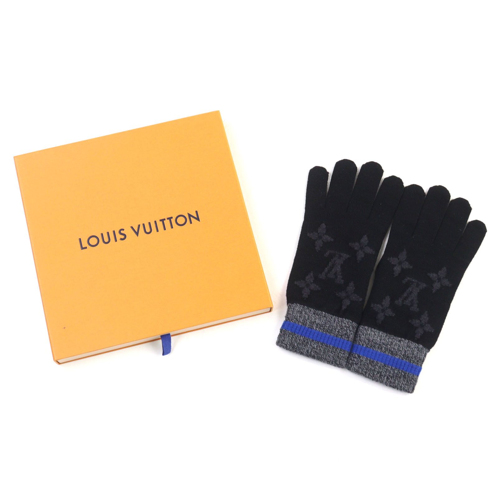 LOUIS VUITTON ルイヴィトン 2020年製 M 76575 ゴン モノグラム ブロック ウール ニットグローブ 手袋 ブラック系 4 き イタリア製 メンズ