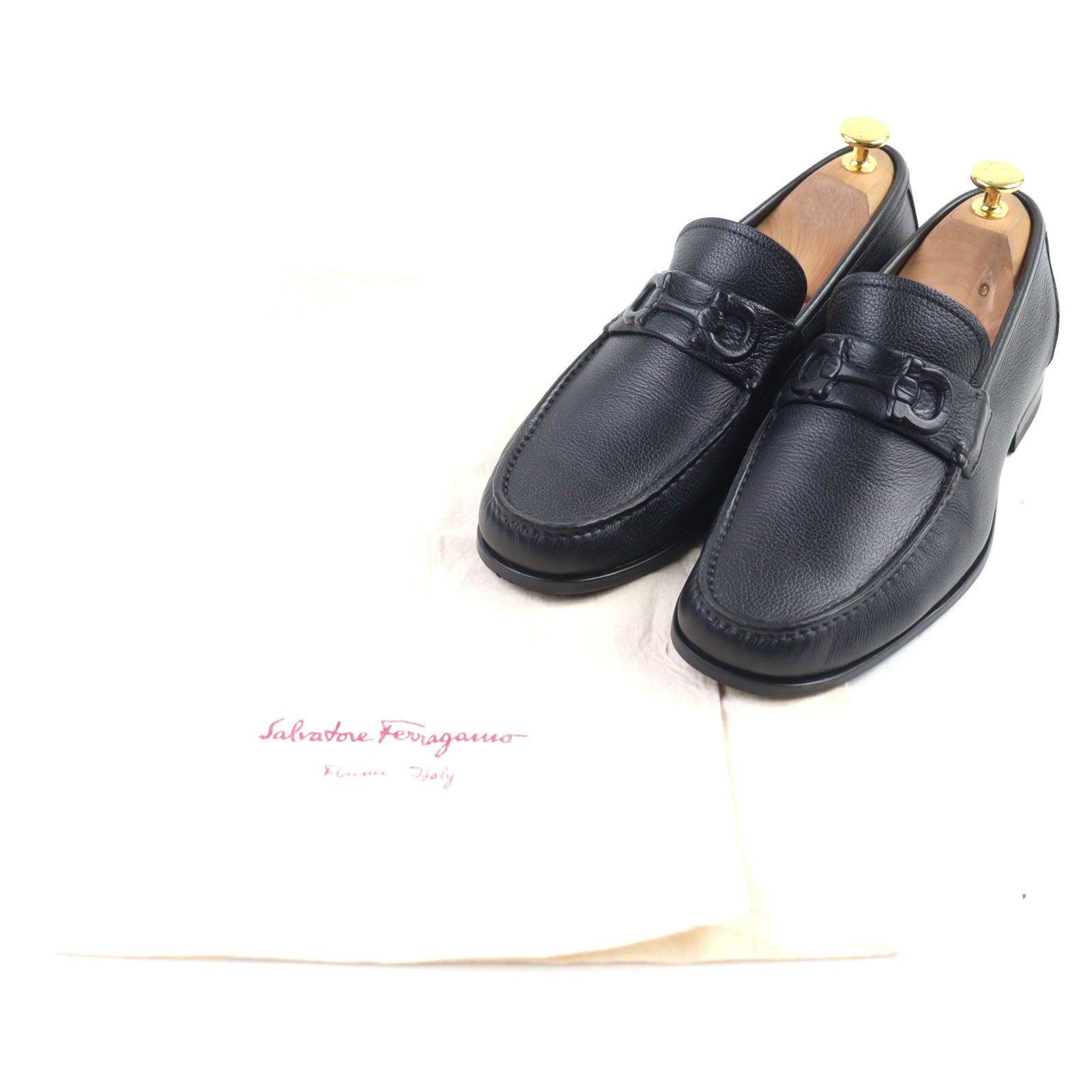 Salvatore Ferragamo サルヴァトーレフェラガモ レザー ガンチーニ モカシン ローファー ブラック 6.5 保存袋付き イタリア製 メンズ