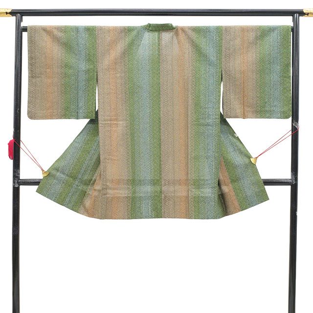新古品 道行コート 単衣 正絹 組織 濃抹茶 水色 薄橙 淡茶 ぼかし 縞 春 秋 セミフォーマル ~ カジュアル 上質 コート 仕立て上がり 身丈98 裄丈67 M~Lサイズ 透け感 ハオリモノ みやがわ sb16561