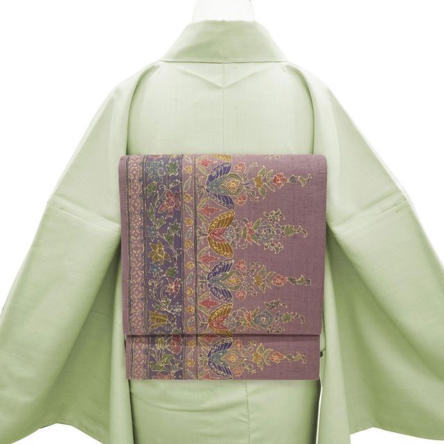 新古品 名古屋帯 正絹 紬 九寸 手織り 手描き くすみ紫 紫 花更紗 更紗 おしゃれ カジュアル 春 秋 冬 なごや帯 九寸名古屋帯 つむぎ 仕立て上がり みやがわ sb54688