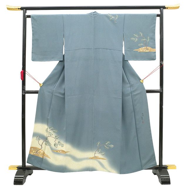 カッコイイ粋な作家物銀通し訪問着セット（新品未使用） 銀座【B-3965】十日町友禅 訪問着 グレー系 風景文（落款入）:身丈
