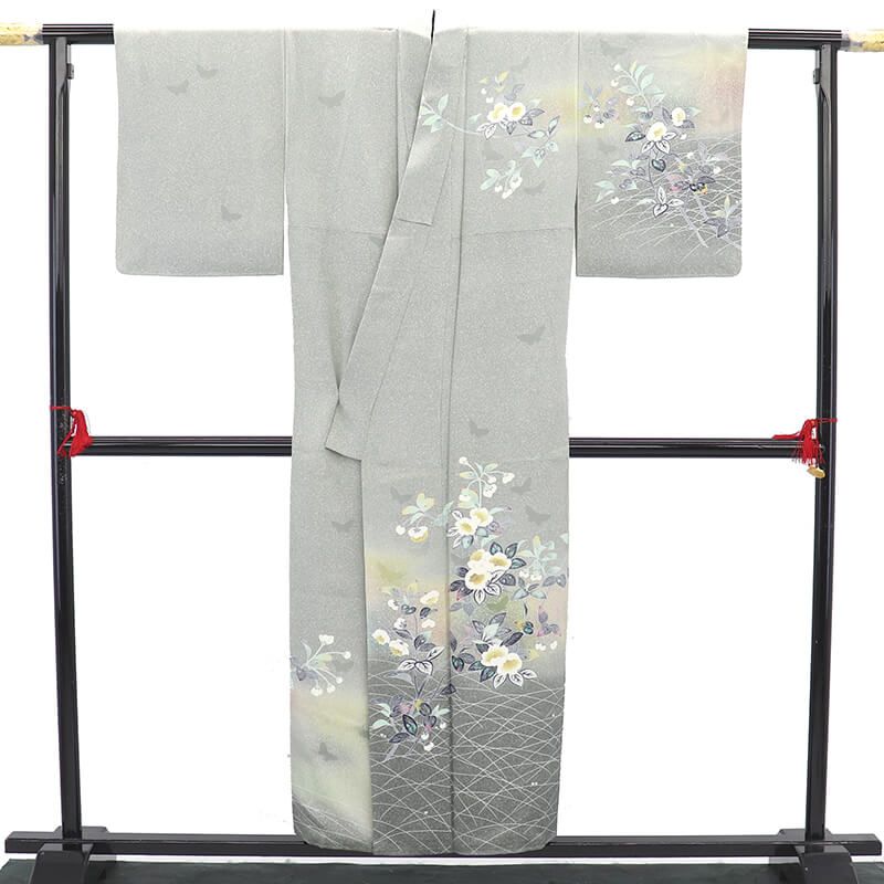 人間国宝 羽田登喜男 訪問着 袷 レディース 正絹 灰水色 花柄 落款 身丈157.5cm 裄丈62.5cm 結婚式 式典 Sサイズ相当 小さいサイズ