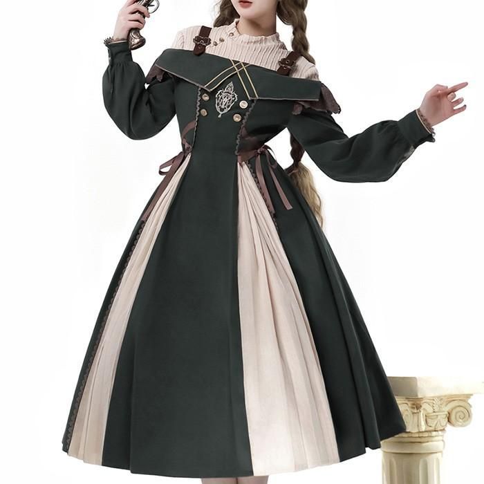 ロリータ コスチューム トップス ワンピース レトロ風 リボン レディース ゴスロリ 洋服 長袖 フリル コスプレ 衣装 洋服 イベント 春夏秋用 グリーン