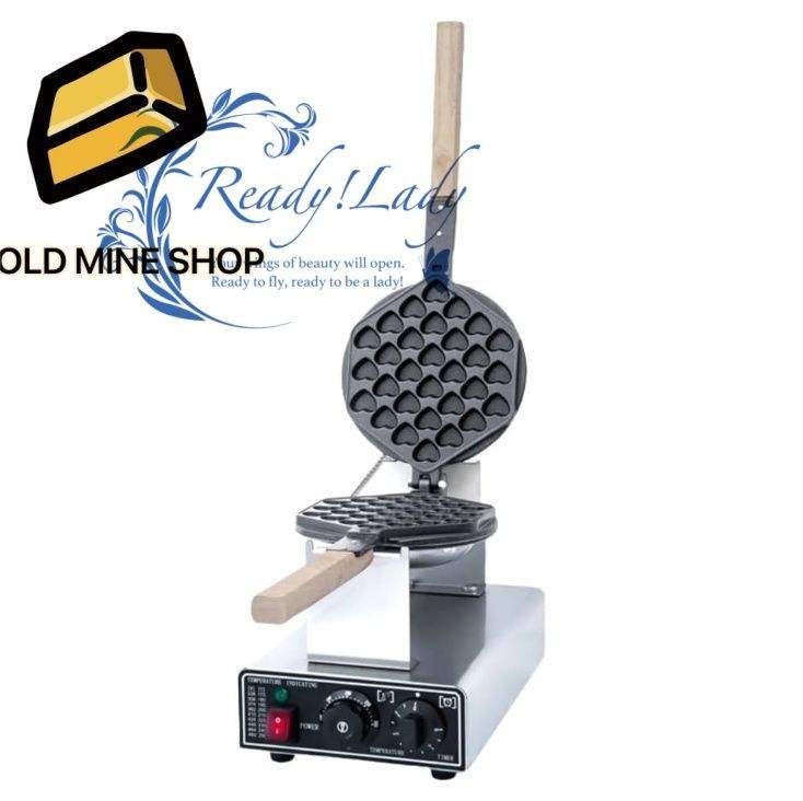 業務用バブルワッフルメーカー 180°回転 パン2枚と木製ハンドル付き 焦げ付き防止ノンスティックコーティング付きステンレススチールベーキングパン シングルヘッド ハートの形