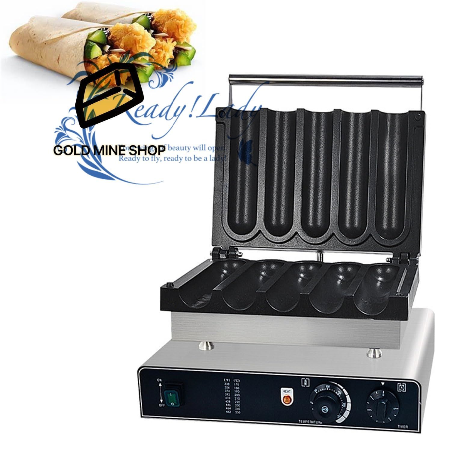 業務用5穴タコスメーカー 3000W電気ステンレス製シャワルママシン 50-300℃-5分タイマー ノンスティック お手入れ簡単 スナックバー