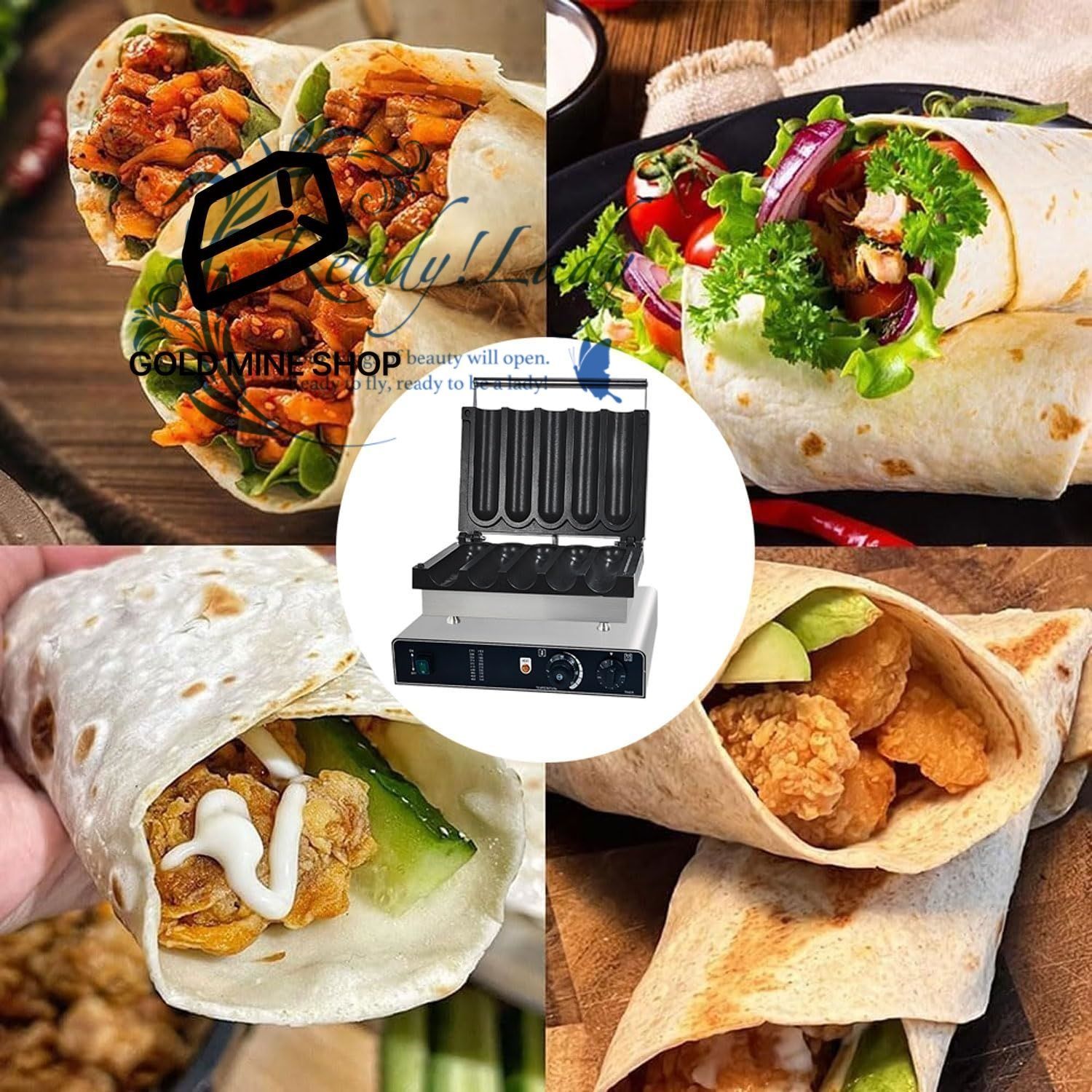 業務用5穴タコスメーカー 3000 W電気ステンレス製シャワルママシン 50 300℃ 5分タイマー ノンスティック お手入れ簡単 スナックバー