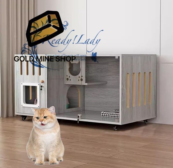 木製キャットハウス 車輪付き 屋内用大型キャットコンドミニアム キャットヴィラ 猫 ケージ 木製 キャットケージ 大型 多頭飼い ペットケージ 猫ゲージ 厚手のボード ロックデザイン 120x60x60cm