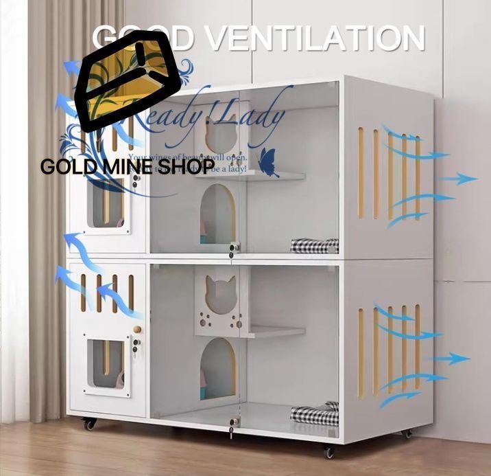 木製キャットハウス 車輪付き 屋内用大型キャットコンドミニアム キャットヴィラ 猫 ケージ 木製 キャットケージ 大型 多頭飼い ペットケージ 猫ゲージ 厚手のボード ロックデザイン 120x60x60cm