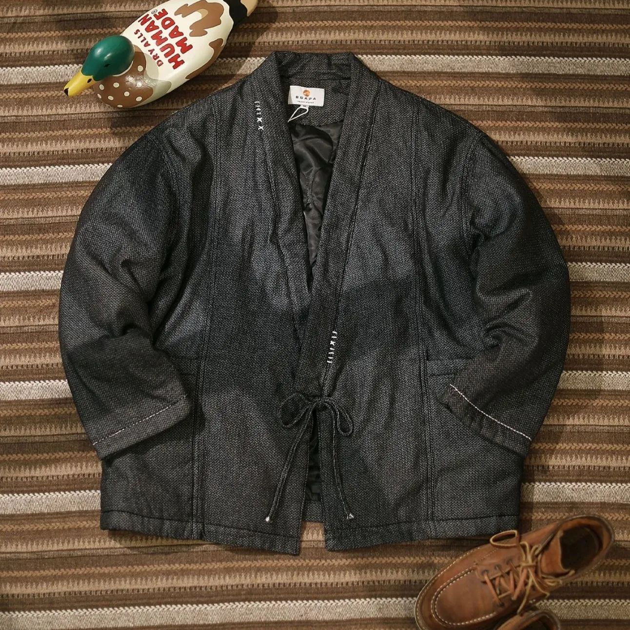 h 冬季 ヴィンテージ 剣紋テクスチャ 道袍風 中綿ジャケット ユニセックス ワイドシルエット 水洗加工 大容量ポケット