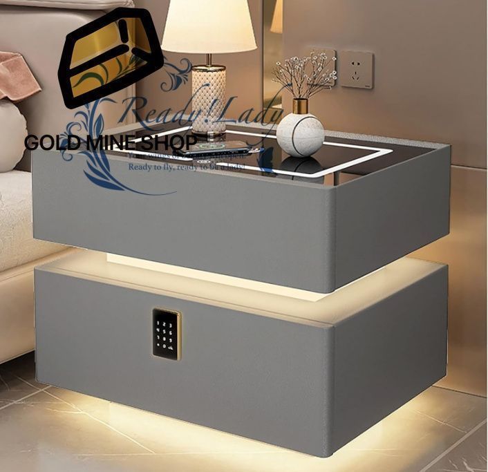 引き出し付きモダンなベッドエンドテーブル スマートベッドサイドテーブル ベッドサイドデスクキャビネット収納 サイドテーブル おしゃれ 隠し金庫付きスマートナイトスタンド 調節 なLEDライト付きベッドサイドテーブル 寝室 リビングルーム用 45CM